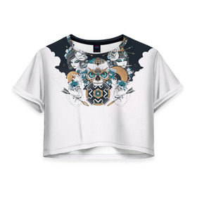 Женская футболка 3D укороченная с принтом SKULL JAPAN , 100% полиэстер | круглая горловина, длина футболки до линии талии, рукава с отворотами | arrow | skull | белый | девушка | линии | маски.кот | модные | небо | облако | синий | скелет | стимпанк | стрелы | череп | яркие