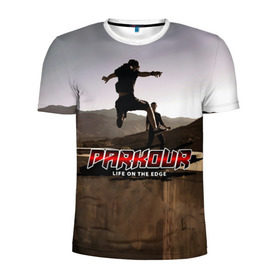 Мужская футболка 3D спортивная с принтом parkour , 100% полиэстер с улучшенными характеристиками | приталенный силуэт, круглая горловина, широкие плечи, сужается к линии бедра | extreme | jumping | parkour | speed | urban | опасность | паркур | прыжки | риск | скорость | экстрим