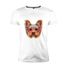 Мужская футболка премиум с принтом Йоркширский терьер в очках сердечках , 92% хлопок, 8% лайкра | приталенный силуэт, круглый вырез ворота, длина до линии бедра, короткий рукав | домашние животные | пес | собака | терьер