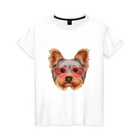 Женская футболка хлопок с принтом Йоркширский терьер в очках сердечках , 100% хлопок | прямой крой, круглый вырез горловины, длина до линии бедер, слегка спущенное плечо | домашние животные | пес | собака | терьер