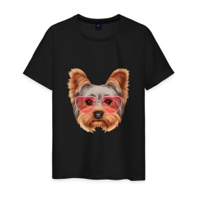 Мужская футболка хлопок с принтом Йоркширский терьер в очках сердечках , 100% хлопок | прямой крой, круглый вырез горловины, длина до линии бедер, слегка спущенное плечо. | домашние животные | пес | собака | терьер