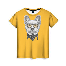 Женская футболка 3D с принтом Йоркширский терьер_в очках , 100% полиэфир ( синтетическое хлопкоподобное полотно) | прямой крой, круглый вырез горловины, длина до линии бедер | домашние животные | пес | собака | терьер