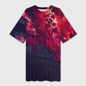 Платье-футболка 3D с принтом Мрачный лес ,  |  | вечер | времена | время | года | дерево | деревья | живой | закат | красный | куст | кусты | лес | листья | мир | осень | природа | фауна | флора | черный