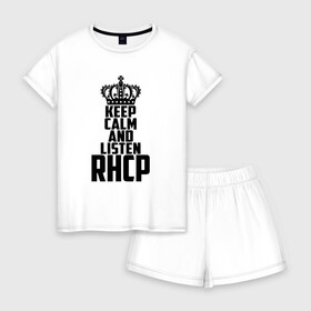 Женская пижама с шортиками хлопок с принтом Keep calm and listen RHCP , 100% хлопок | футболка прямого кроя, шорты свободные с широкой мягкой резинкой | red hot chili peppers | rhcp | альтернативный | группа | джош клингхоффер | красные острые перцы чили | метал | ред хот чили пеперс | рок | рхчп | рэп | фанк | фли | чад смит | энтони кидис