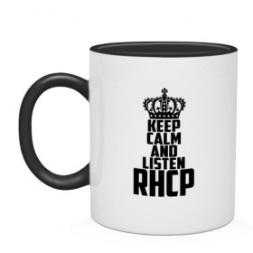 Кружка двухцветная с принтом Keep calm and listen RHCP , керамика | объем — 330 мл, диаметр — 80 мм. Цветная ручка и кайма сверху, в некоторых цветах — вся внутренняя часть | Тематика изображения на принте: red hot chili peppers | rhcp | альтернативный | группа | джош клингхоффер | красные острые перцы чили | метал | ред хот чили пеперс | рок | рхчп | рэп | фанк | фли | чад смит | энтони кидис