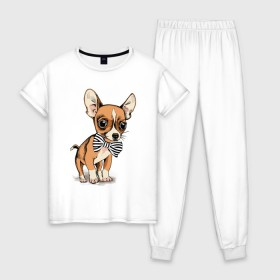 Женская пижама хлопок с принтом Чихуахуа с бабочкой , 100% хлопок | брюки и футболка прямого кроя, без карманов, на брюках мягкая резинка на поясе и по низу штанин | Тематика изображения на принте: домашние животные | пес | песик | собака | собачка | чихуахуа