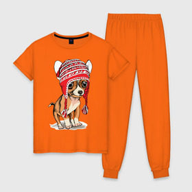 Женская пижама хлопок с принтом Чихуахуа в шапочке , 100% хлопок | брюки и футболка прямого кроя, без карманов, на брюках мягкая резинка на поясе и по низу штанин | Тематика изображения на принте: домашние животные | пес | песик | собака | собачка | чихуахуа