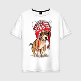 Женская футболка хлопок Oversize с принтом Чихуахуа в шапочке , 100% хлопок | свободный крой, круглый ворот, спущенный рукав, длина до линии бедер
 | домашние животные | пес | песик | собака | собачка | чихуахуа