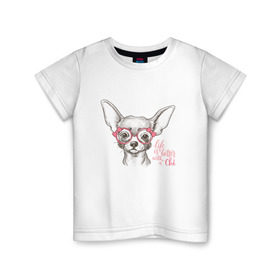 Детская футболка хлопок с принтом Чихуахуа в розовых очках , 100% хлопок | круглый вырез горловины, полуприлегающий силуэт, длина до линии бедер | домашние животные | пес | собака