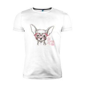 Мужская футболка премиум с принтом Чихуахуа в розовых очках , 92% хлопок, 8% лайкра | приталенный силуэт, круглый вырез ворота, длина до линии бедра, короткий рукав | домашние животные | пес | собака