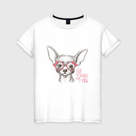 Женская футболка хлопок с принтом Чихуахуа в розовых очках , 100% хлопок | прямой крой, круглый вырез горловины, длина до линии бедер, слегка спущенное плечо | Тематика изображения на принте: домашние животные | пес | собака