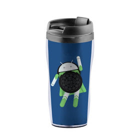 Термокружка-непроливайка с принтом Android Oreo , внутренняя часть — пищевой пластик, наружная часть — прозрачный пластик, между ними — полиграфическая вставка с рисунком | объем — 350 мл, герметичная крышка | 
