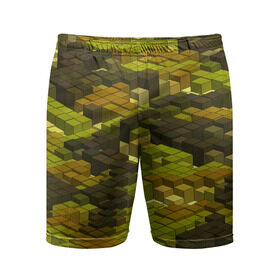 Мужские шорты 3D спортивные с принтом Кубики милитари ,  |  | Тематика изображения на принте: камуфляж | объемный | пиксели | хаки