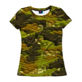 Женская футболка 3D с принтом Кубики милитари , 100% полиэфир ( синтетическое хлопкоподобное полотно) | прямой крой, круглый вырез горловины, длина до линии бедер | камуфляж | объемный | пиксели | хаки