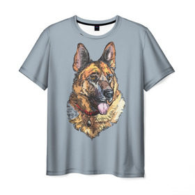 Мужская футболка 3D с принтом Немецкая овчарка арт , 100% полиэфир | прямой крой, круглый вырез горловины, длина до линии бедер | Тематика изображения на принте: домашние животные | овчарка | пес | собака
