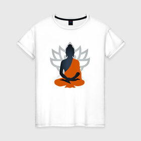 Женская футболка хлопок с принтом Лотос и Будда , 100% хлопок | прямой крой, круглый вырез горловины, длина до линии бедер, слегка спущенное плечо | будда | буддизм | лотос | оранжевый | символ | цветок
