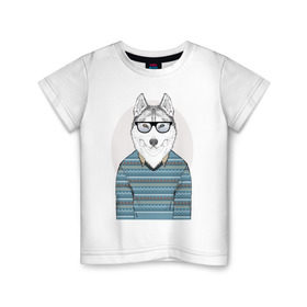 Детская футболка хлопок с принтом Хаски в свитере , 100% хлопок | круглый вырез горловины, полуприлегающий силуэт, длина до линии бедер | домашние животные | пес | песик | собака | собачка | хаски