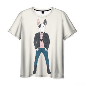 Мужская футболка 3D с принтом Бультерьер в косухе , 100% полиэфир | прямой крой, круглый вырез горловины, длина до линии бедер | домашние животные | пес | собака