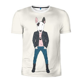Мужская футболка 3D спортивная с принтом Бультерьер в косухе , 100% полиэстер с улучшенными характеристиками | приталенный силуэт, круглая горловина, широкие плечи, сужается к линии бедра | домашние животные | пес | собака