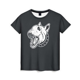 Женская футболка 3D с принтом Опасный бультерьер , 100% полиэфир ( синтетическое хлопкоподобное полотно) | прямой крой, круглый вырез горловины, длина до линии бедер | домашние животные | пес | собака