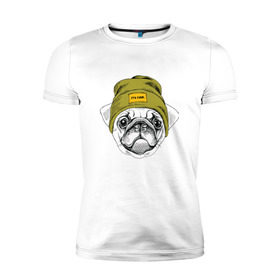 Мужская футболка премиум с принтом Мопсик в шапочке , 92% хлопок, 8% лайкра | приталенный силуэт, круглый вырез ворота, длина до линии бедра, короткий рукав | домашние животные | пес | собака | хипстер