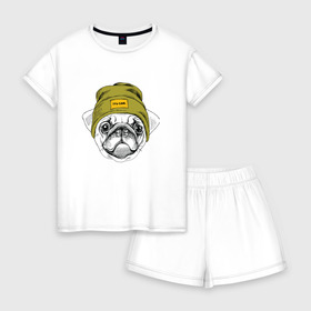 Женская пижама с шортиками хлопок с принтом Мопсик в шапочке , 100% хлопок | футболка прямого кроя, шорты свободные с широкой мягкой резинкой | домашние животные | пес | собака | хипстер