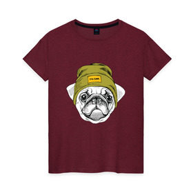 Женская футболка хлопок с принтом Мопсик в шапочке , 100% хлопок | прямой крой, круглый вырез горловины, длина до линии бедер, слегка спущенное плечо | домашние животные | пес | собака | хипстер