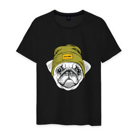 Мужская футболка хлопок с принтом Мопсик в шапочке , 100% хлопок | прямой крой, круглый вырез горловины, длина до линии бедер, слегка спущенное плечо. | домашние животные | пес | собака | хипстер