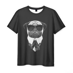 Мужская футболка 3D с принтом Мопс в черном , 100% полиэфир | прямой крой, круглый вырез горловины, длина до линии бедер | домашние животные | мопс | пес | песик | собака | собачка