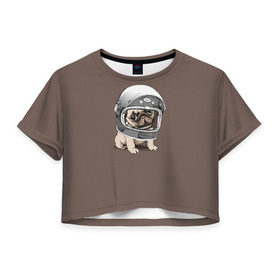 Женская футболка 3D укороченная с принтом Мопсик в скафандре , 100% полиэстер | круглая горловина, длина футболки до линии талии, рукава с отворотами | домашние животные | мопс | пес | песик | собака | собачка