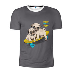 Мужская футболка 3D спортивная с принтом Street skate PUPS , 100% полиэстер с улучшенными характеристиками | приталенный силуэт, круглая горловина, широкие плечи, сужается к линии бедра | Тематика изображения на принте: домашние животные | мопс | пес | песик | собака | собачка