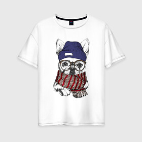 Женская футболка хлопок Oversize с принтом Бултдог в шарфике , 100% хлопок | свободный крой, круглый ворот, спущенный рукав, длина до линии бедер
 | бульдог | домашние животные | пес | песик | собака | собачка | французский бульдог