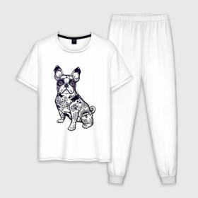 Мужская пижама хлопок с принтом Суровый бульдог , 100% хлопок | брюки и футболка прямого кроя, без карманов, на брюках мягкая резинка на поясе и по низу штанин
 | Тематика изображения на принте: бульдог | домашние животные | пес | песик | собака | собачка | французский бульдог
