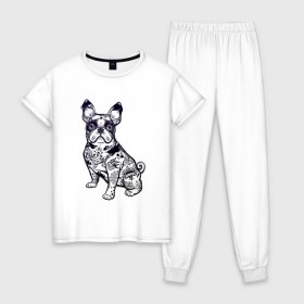 Женская пижама хлопок с принтом Суровый бульдог , 100% хлопок | брюки и футболка прямого кроя, без карманов, на брюках мягкая резинка на поясе и по низу штанин | бульдог | домашние животные | пес | песик | собака | собачка | французский бульдог