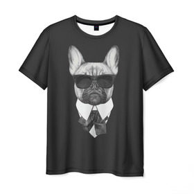 Мужская футболка 3D с принтом Бульдог в черном , 100% полиэфир | прямой крой, круглый вырез горловины, длина до линии бедер | Тематика изображения на принте: бульдог | домашние животные | пес | песик | собака | собачка | французский бульдог