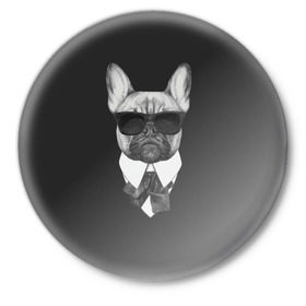 Значок с принтом Бульдог в черном ,  металл | круглая форма, металлическая застежка в виде булавки | Тематика изображения на принте: бульдог | домашние животные | пес | песик | собака | собачка | французский бульдог