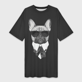 Платье-футболка 3D с принтом Бульдог в черном ,  |  | бульдог | домашние животные | пес | песик | собака | собачка | французский бульдог