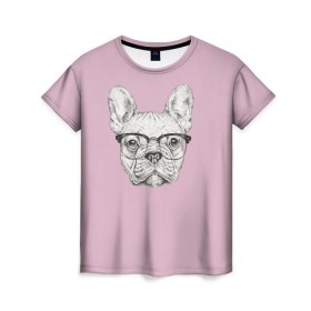Женская футболка 3D с принтом Бульдог в очках , 100% полиэфир ( синтетическое хлопкоподобное полотно) | прямой крой, круглый вырез горловины, длина до линии бедер | бульдог | домашние животные | пес | песик | собака | собачка | французский бульдог