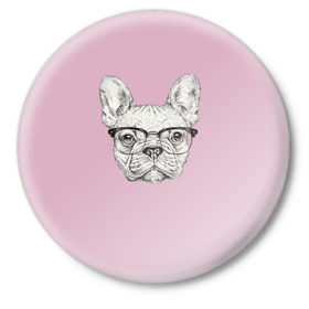 Значок с принтом Бульдог в очках ,  металл | круглая форма, металлическая застежка в виде булавки | бульдог | домашние животные | пес | песик | собака | собачка | французский бульдог