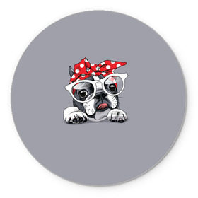 Коврик круглый с принтом Бульдог в очках_2 , резина и полиэстер | круглая форма, изображение наносится на всю лицевую часть | бульдог | домашние животные | пес | песик | собака | собачка | французский бульдог