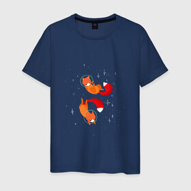 Мужская футболка хлопок с принтом Лисы в космосе , 100% хлопок | прямой крой, круглый вырез горловины, длина до линии бедер, слегка спущенное плечо. | космос | лиса | новый год