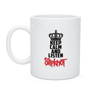 Кружка с принтом Keep calm and listen Slipknot , керамика | объем — 330 мл, диаметр — 80 мм. Принт наносится на бока кружки, можно сделать два разных изображения | Тематика изображения на принте: slipknot | альтернативный | грув | кори тейлор | крис фен | метал | музыка | ню | рок | слайпкнот | слипкнот | слипнот