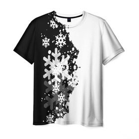 Мужская футболка 3D с принтом Снежные узоры , 100% полиэфир | прямой крой, круглый вырез горловины, длина до линии бедер | black | christmas | new year | pattern | white | абстракция | зима | новый год | рождество | снег | снежинки | узор | черно белые