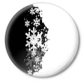 Значок с принтом Снежные узоры ,  металл | круглая форма, металлическая застежка в виде булавки | Тематика изображения на принте: black | christmas | new year | pattern | white | абстракция | зима | новый год | рождество | снег | снежинки | узор | черно белые