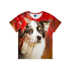 Детская футболка 3D с принтом Бордер колли в красных листьях , 100% гипоаллергенный полиэфир | прямой крой, круглый вырез горловины, длина до линии бедер, чуть спущенное плечо, ткань немного тянется | border collie | dog | бордер колли | красный | листья | осень | собака