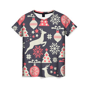 Женская футболка 3D с принтом Зимние фантазии , 100% полиэфир ( синтетическое хлопкоподобное полотно) | прямой крой, круглый вырез горловины, длина до линии бедер | елка | елочные игрушки | новый год | олень | снег | снежинки