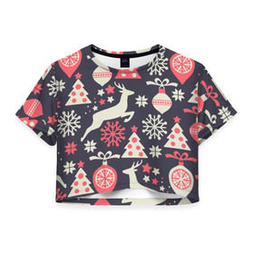 Женская футболка 3D укороченная с принтом Зимние фантазии , 100% полиэстер | круглая горловина, длина футболки до линии талии, рукава с отворотами | елка | елочные игрушки | новый год | олень | снег | снежинки