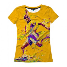 Женская футболка 3D с принтом Футболист , 100% полиэфир ( синтетическое хлопкоподобное полотно) | прямой крой, круглый вырез горловины, длина до линии бедер | pop art | поп арт | цвета | яркие