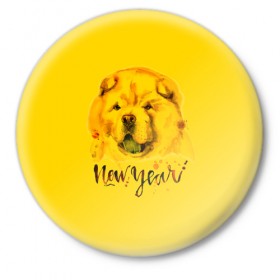 Значок с принтом Милый щенок ,  металл | круглая форма, металлическая застежка в виде булавки | Тематика изображения на принте: christmas | год собаки | желтая собака | новогодний | новый год | собака