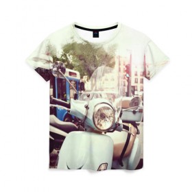 Женская футболка 3D с принтом Городской мопед , 100% полиэфир ( синтетическое хлопкоподобное полотно) | прямой крой, круглый вырез горловины, длина до линии бедер | мокик | мопед | скутер